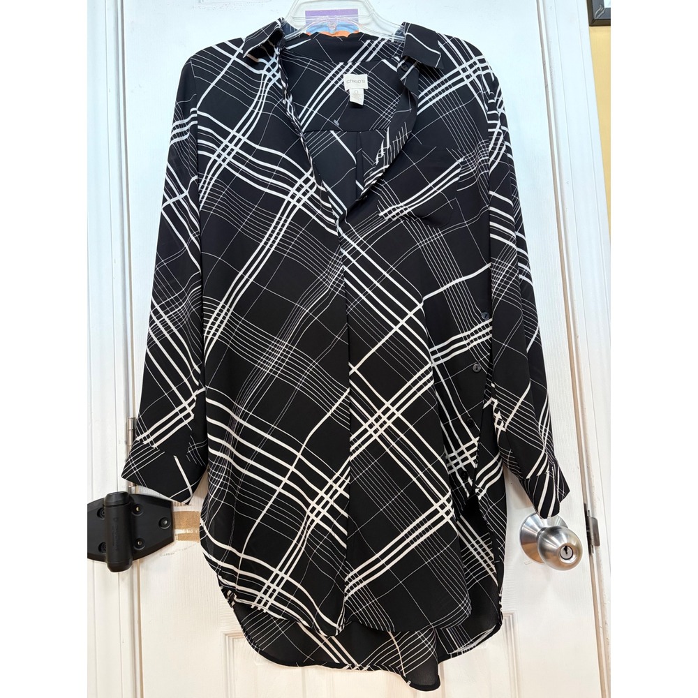 Chicos Black White Geometric Plaid Button Down Tunic Blouse Shirt Size 0 S